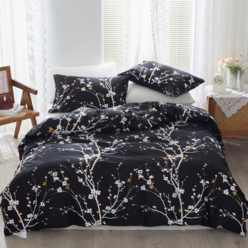 STYHO Black Duvet Cover Set Single Reversible Plum Blossom Floral Bedding Set with Pillowcase Soft Microfiber Botanical Flowers Duvet Set for All Seasons with Zipper Closure(Black, Single)