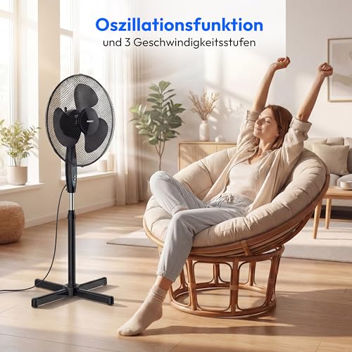 MEDION Standventilator mit Fernbedienung, drei Geschwindigkeitsstufen, 45 Watt Leistung, 36 cm, Schwenkfunktion, Oszillation, verstellbare Höhe, MD18795, schwarz 5