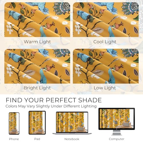 Image of Mustard Yellow 54 Inches Floral Pinch Pleated Curtains,Vintage Lemon & Hummingbird Printed Blackout Short Drapes for Cafe Kitchen Living Room Bedroom Back Tab Spring Decor, 2 Panels