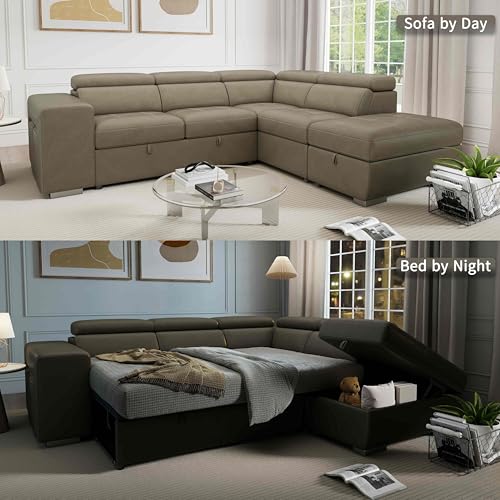 THSUPER 104'' Microfiber L Shaped Sectional Sleeper Sofa Couch with Pull Out Bed and Storage Ottoman, Convertible Couches with Adjustable Headrest for Living Room, Right Facing Chaise. Light Brown