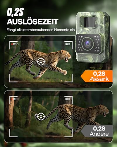 Assark Wildkamera mit Handyübertragungs-App, 48MP 30fps WIAN Solar Wildkamera mit Bewegungsmelder Nachtsicht, Wiederaufladbare 2000mAh Lithium-Batterie, 0,2S Auslöser, IP66 Wasserdicht