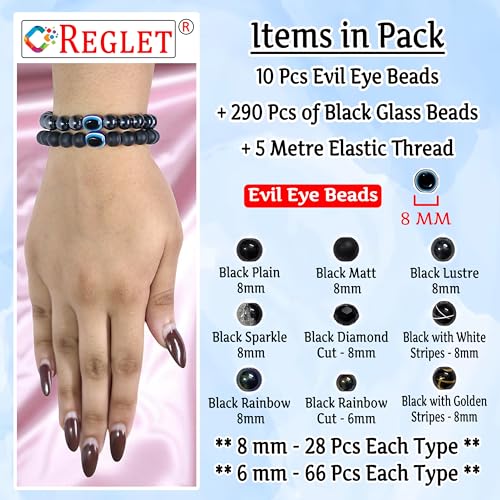 Image of 15 Pcs Evil Eye Beads + 290 Pcs Black Glass Beads for Jewellery Making Kit - Glass Beads for Bracelet Making Kit - Bead Craft - 8mm