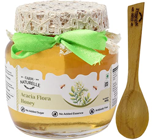 Image of Farm Naturelle Acacia Flora Wild Honey 400g |100% Pure Honey | Raw & Unfiltered|Unprocessed|Lab Tested Honey In Glass Jar with Engraved Virgin Wooden Spoon