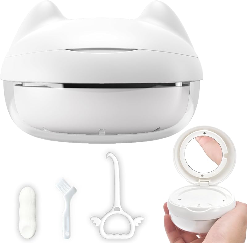 Retainer Case Denture Bath Case Basket Mirror Leak-proof White Cat | 2-in-1 design Strainer Basket No-Leak Cleaning Case for Mouth Guard Cute Removal Tool,Aligner chewies,Bursh