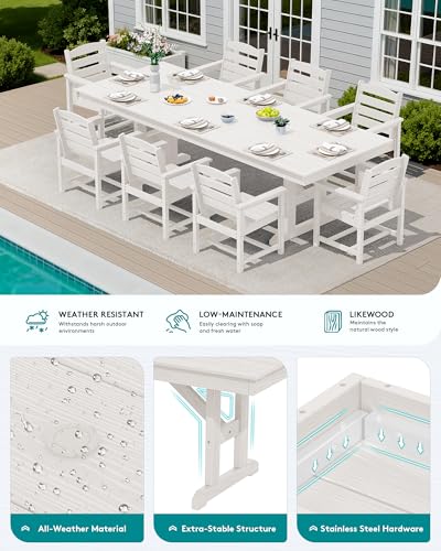 Image of SERWALL 9 Piece 84 inch HDPE Outdoor Dining Set for 8 with Armchairs and Umbrella Hole, White