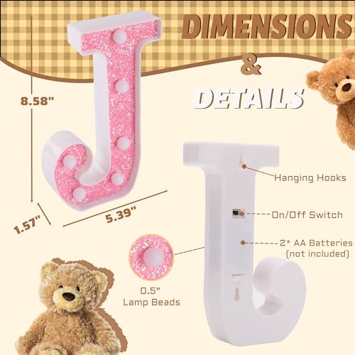 Image of LED Letter Lights Pink Glitter Marquee Letters Light Up Alphabet Letters Sign Battery Powered for Home Party Decoration Night Bar Wedding Birthday Christmas Lamp Girls Gift - Letter J