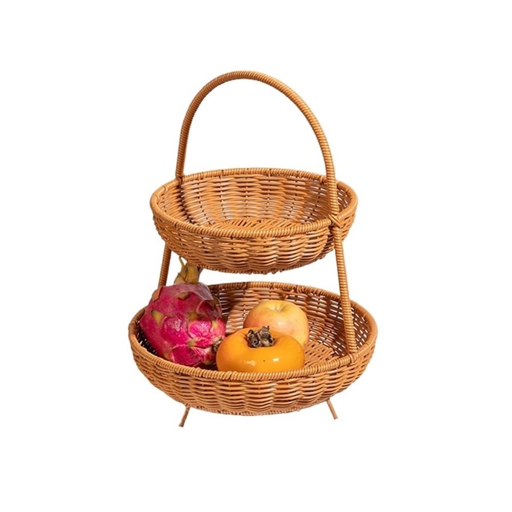 Fruit Basket 2 Layers Rattan Woven Fruit Basket Round Bread Serving Baskets Countertop Decorative Fruit Basket Bowl