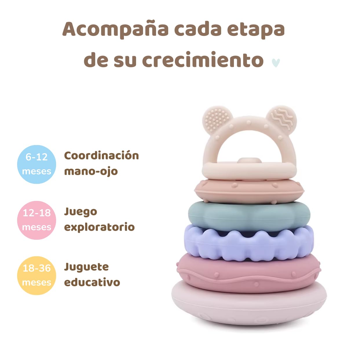 MuyPetit Cubos Apilables Bebé Silicona, Mordedor Silicona, Juguetes Montessori bebé 6-12 meses, Torre Apilable Sensorial para Estimulación y Aprendizaje, Regalo Original para Bebés — view 7