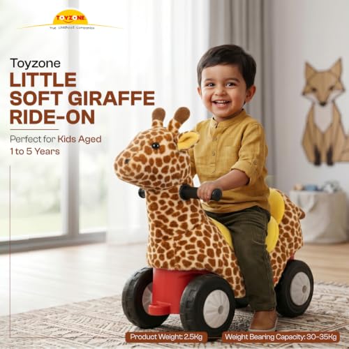 Image of Toyzone Little Soft Giraffe Ride on | Cloth-Covered Ride On Toy with Wheels | Back Support | Indoor & Outdoor Ride-On for Toddlers 1-4 Years