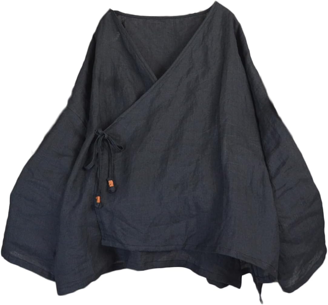 NFYM Women's Hanten Kimono Cardigan Long Sleeve Wrap Front Cotton Linen Retro Hanfu Costume Irregular Shirt Tops