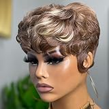 QiaQiaRing Pixie Cut Wig Human Hair Wigs for Women 4/613 Blonde Color Short Layered Culry Wavy Pixie Wigs for Black Women Wear and Go Glueless Full Machine Made Human Hair Wigs