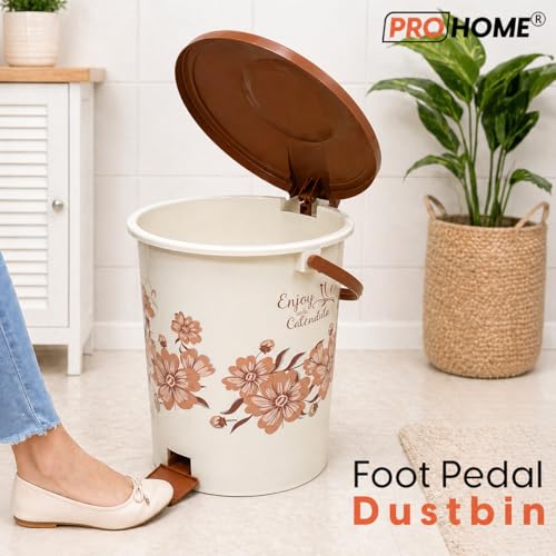 Image of PROHOME Calendula Floral Plastic Pedal Dustbin for Home, Office, Kitchen, Bathroom & Bedroom | Trash Can /Garbage Waste Bin with Lid & Handle (15L, Ivory)