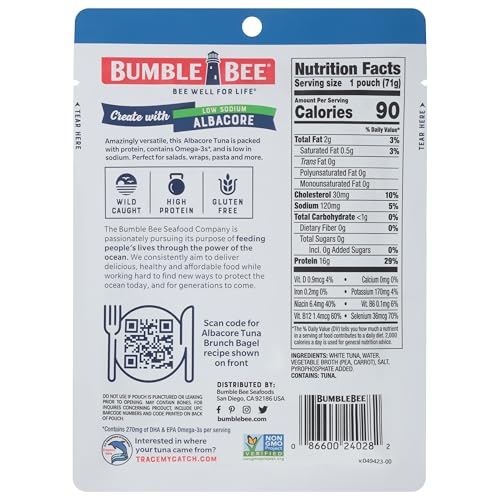 Image of Bumble Bee Low Sodium Chunk White Albacore Tuna in Water, 2.5 oz Pouches (Pack of 12) - Ready to Eat Wild Caught Tuna Packet - 16g Protein per Serving, High in Omega-3s - Non-GMO, Gluten Free, Kosher