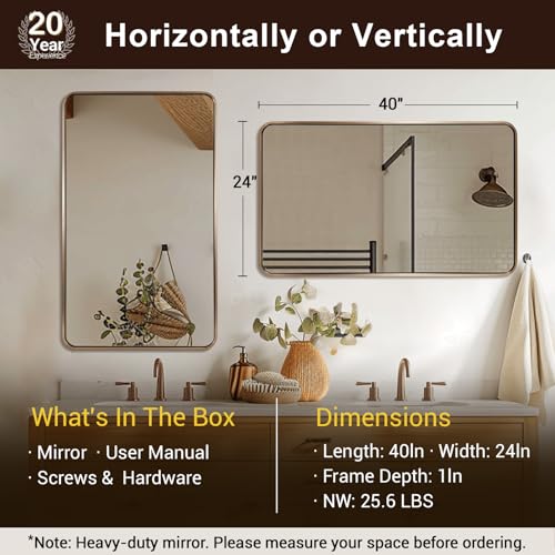 Image of ANDY STAR 24x40'' Brushed Champagne Bronze Bathroom Mirror, Rounded Rectangle Vanity Mirrors for Bathroom, Beautiful Oblong Mirrors for Over Sinks in 1'' Rustproof Tube Metal Framed Wall Mounted