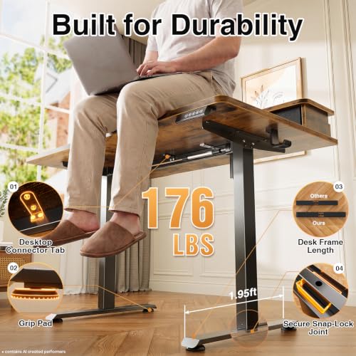 Image of Veken 47x28 in Electric Standing Desk with Drawers, Adjustable Table, Brown | Stand up Computer Desk for Home Office, Work & Study, with Storage, 3 Memory Presets, Cable Organizer, Hook, and Quiet Lift.