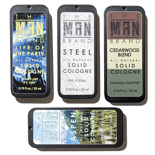 The Man Brand Solid Cologne Sample Set with Aspen Solid Perfume, Woodsman Solid Cologne, Steel, and Life of the Party Cologne - (Fellowship Solid Cologne Man Sampler Pack - 4 Pack - 0.75 oz each)