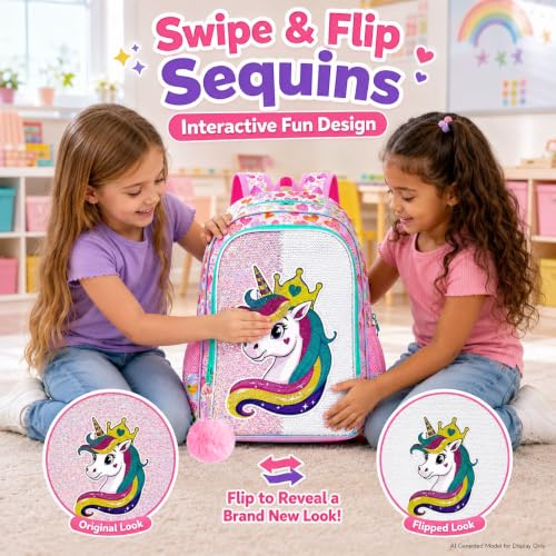 Image of 3Pcs Unicorn Backpack for Girls, 16 inch Sequin Bookbag Set for Kids, Elementary Preschool Preschool School Backpacks with Lunch Box (Pink)