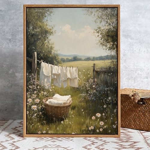 Image of KISSFOX Vintage Framed Wall Art For Laundry Room Decor Country Landscape Pictures Wall Decor Rustic Summer Wildflower Canvas Art Prints Modern Farmhouse Paintings Artwork