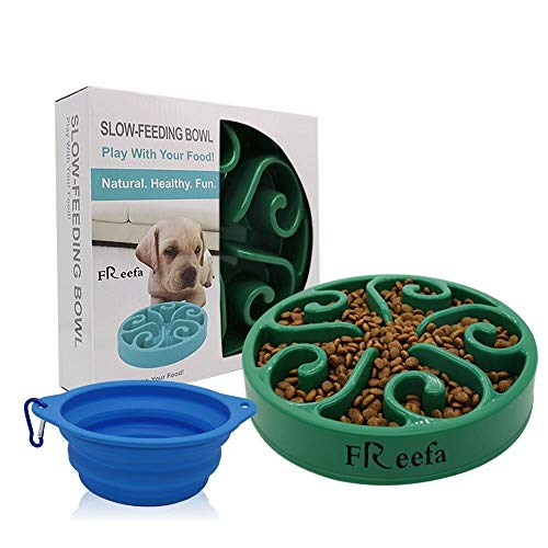 Freefa Slow Feeder Dog Bowl Bloat Stop Dog Food Bowl Maze Interactive Puzzle Non Skid, Come with Free Travel Bowl (Dark Green, for Small/Medium Dog)