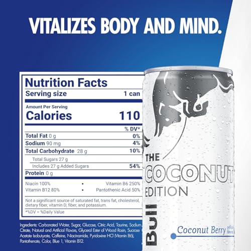 Image of Red Bull Coconut Edition Energy Drink, Coconut Berry, with 80mg Caffeine plus Taurine & B Vitamins, 8.4 Fl Oz, Pack of 12 Cans