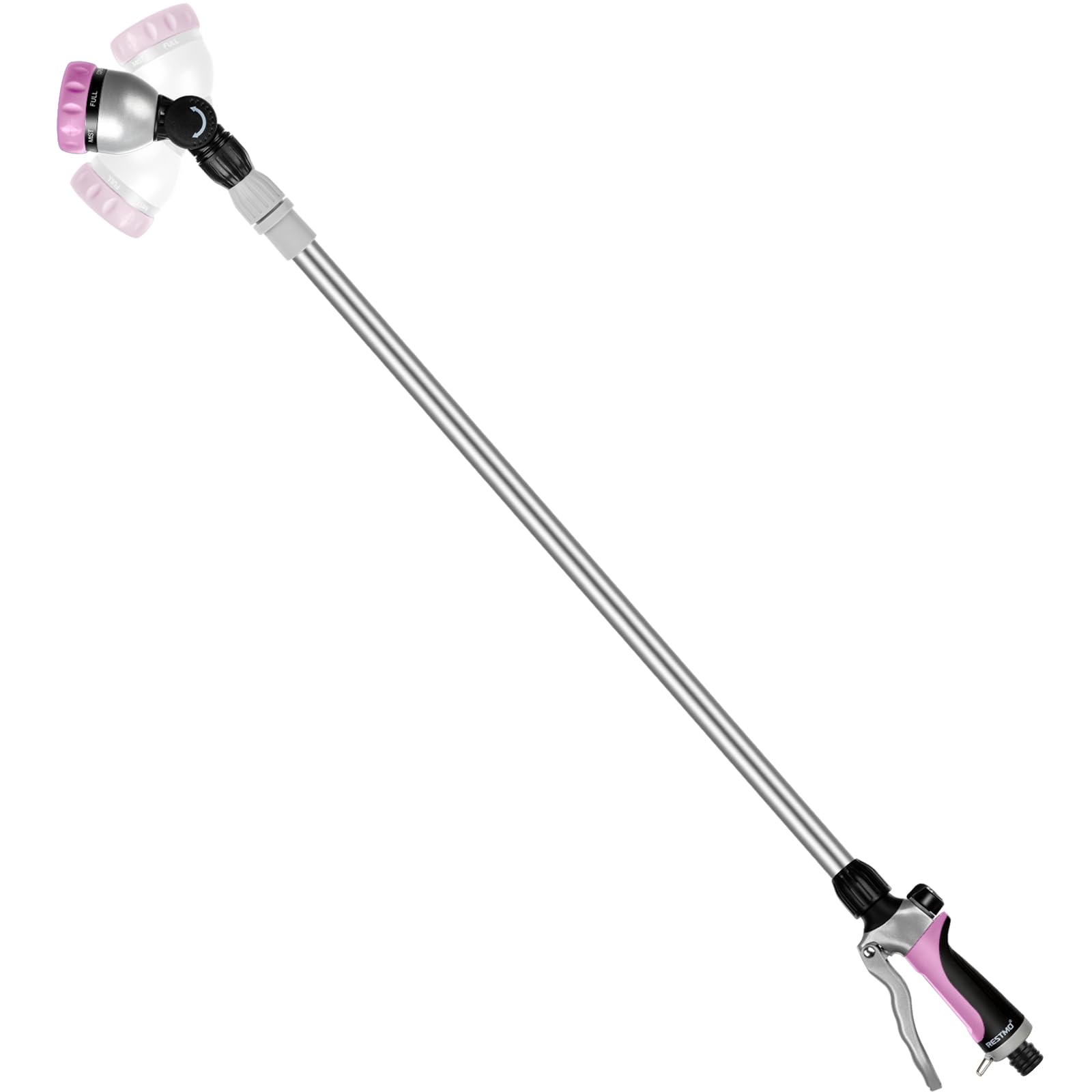 RESTMO Varita de riego de metal de 91-152 cm, tubo telescópico largo | Cabezal de trinquete ajustable de 180° | 7 patrones de pulverización | Control de flujo, pulverizador de manguera de jardín a