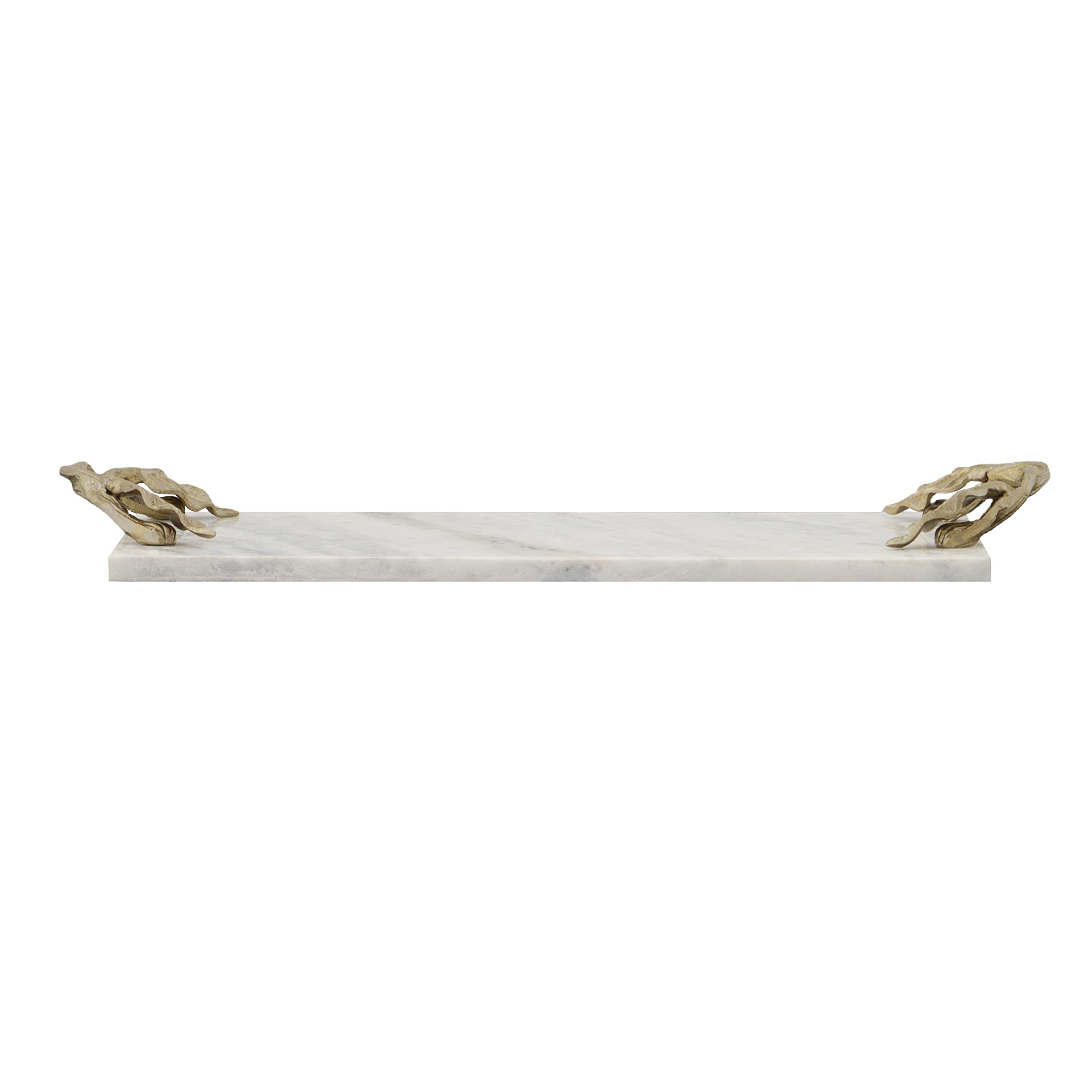 The Urban Port Decor Tray with Marble Frame and Carved Metal Handles, White and Gold