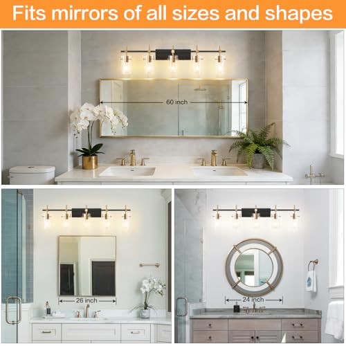 Image of SOLFART 40.1 inch Vintage Brass Bathroom Vanity Light fixtures Bathroom Wall Lights Over Mirror with Glass Shade 5 Light