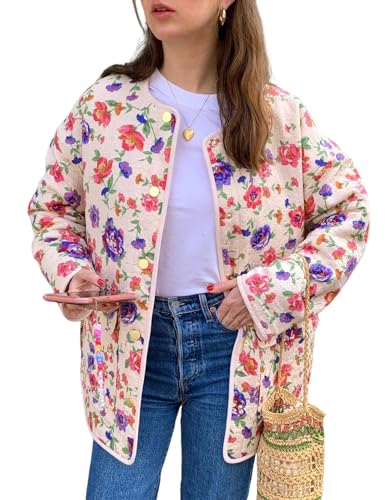 Yimoon Women's Quilted Puffer Jacket Lightweight Floral Print Padded Coat Open Front Puffy Cardigan Outwear(Purple-L)