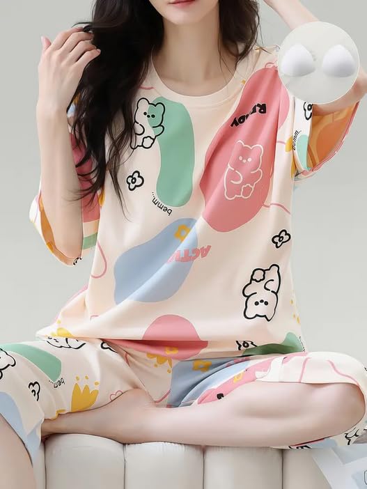 Image of Lunza Women's Cotton Pajama Set with Top & Pants|| Korean Night Suit|| Lightweight Printed Set || Soft & Comfy Sleepwear for Girls & Women