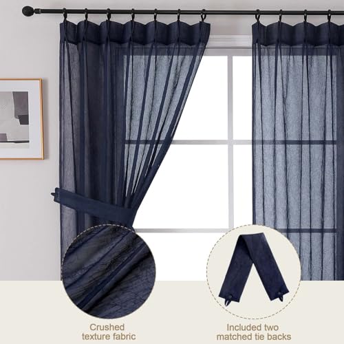 OVZME Crushed Voile Navy Blue Sheer Curtains 72 Inches Long 2 Panels Set, Semi Sheer Light Filtering Pinch Pleated Curtains for Windows, Soft Fabric Window Drapes for Living Room, 2x42Wx72L Inches - Image 2