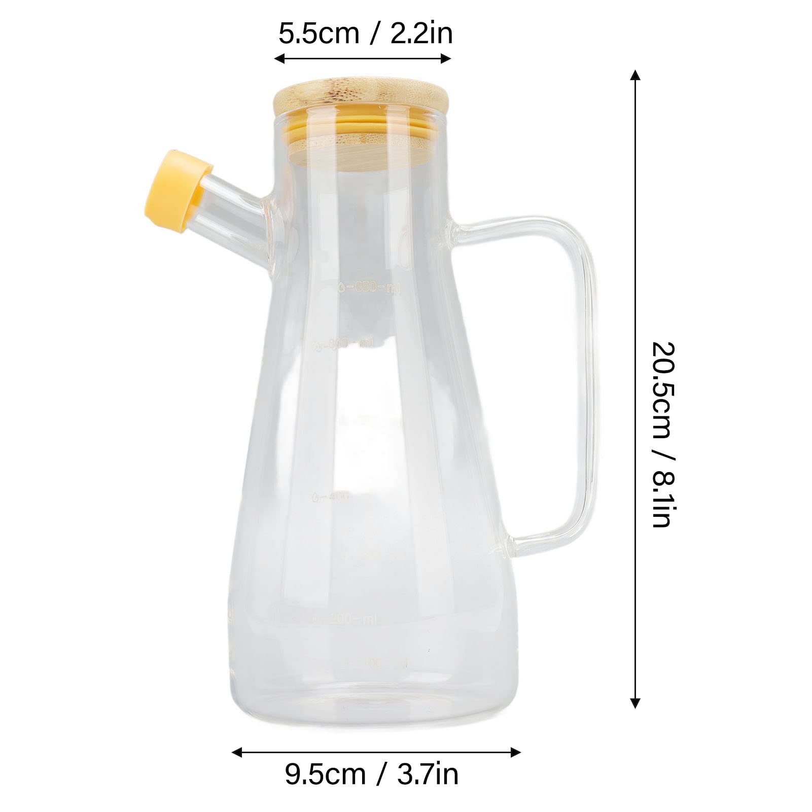 Oliera da cucina in vetro trasparente, dispenser per olio d'oliva, con coperchio in legno e manico ergonomico, dispenser per aceto (650 ml)