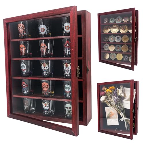 Image of FramePro 11x14 Display Case with Adjustable Shelves Cherry, 4-Tier Memory Shadow Box for Wall, Deep Wooden Keepsake Display Shelf with Locking Door for Memorabilia, Photos, Medals, Wedding, Home Decor