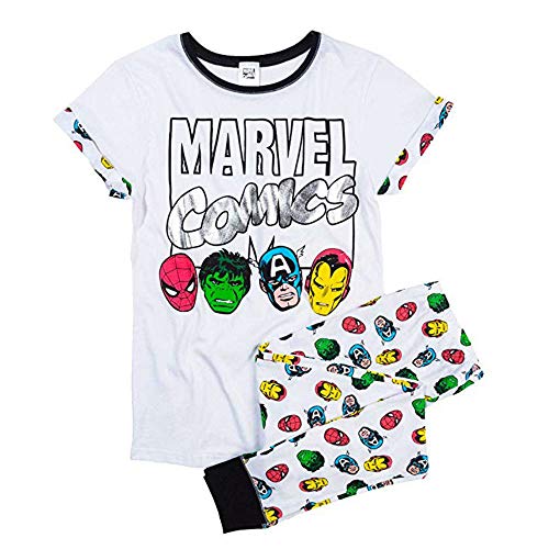 Fashion by Purdashian Disney/Marvel - Pijama de algodón para mujer, diseño de personajes de Disney/Marvel Blanco vengadores Marvel Medium