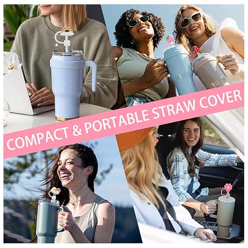 Image of Flower Straw Cover Cap for Stanley Cup Silicone Straw Topper Compatible with 30 and 40 Oz Tumbler with Handle,Straw Tip Covers 10 mm 0.4 in for Straw Tip Covers (6pcs Rainbow Flower Strawberry)