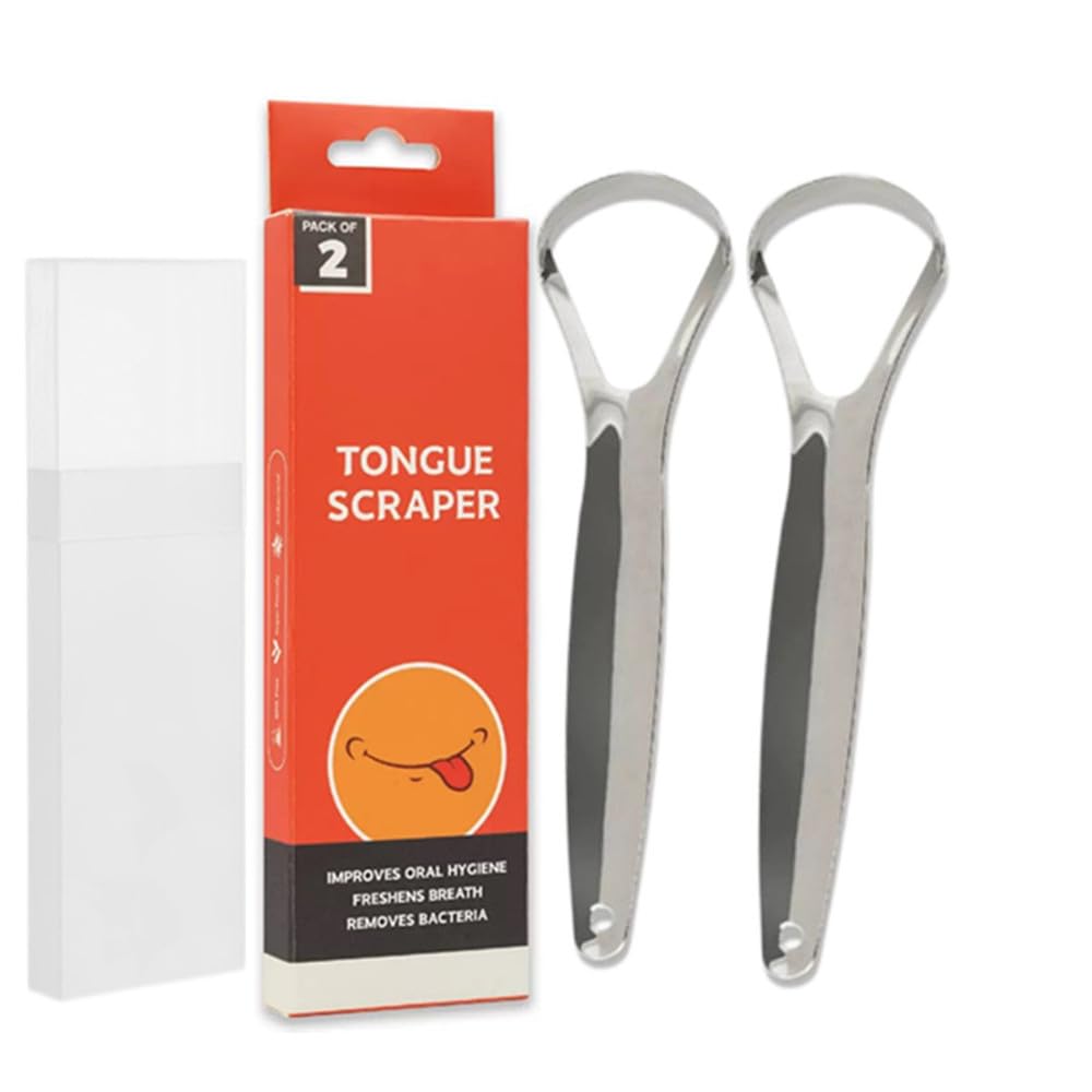 Adult tongue scraper with hanging tongue blades equipped with a white travel box and 100 stainless steel Tongue