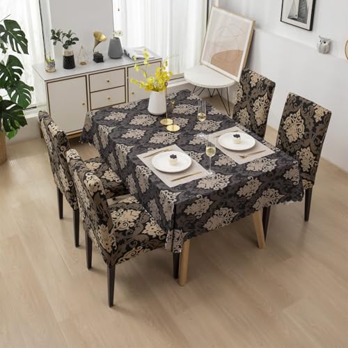Image of Styleys Dining Chair Cover with Table Covers for Kitchen Waterproof Dining Table Cloth (1 Table Cover + 4 Chair Cover, Royal Black /Gold, CTSLMC123)