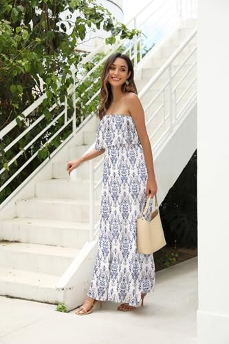 Image of ZMPSIISA Women's Summer Off The Shoulder Maxi Dress Ruffle Strapless Blue White Porcelain Boho Casual Loose Long Dresses