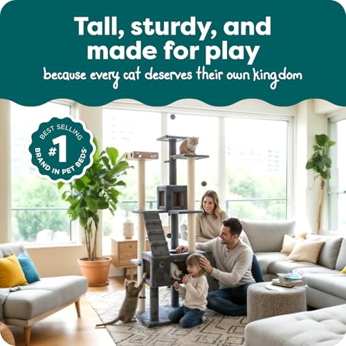 Image of FurHaven 69.3 inch Tall Cat Scratching Post Tower for Indoor Cats, Sisal Cat Tree with 2 Condos, Tiger Tough Double Decker Playground, Toys & Perches for Cats, Sisal, Silver Gray