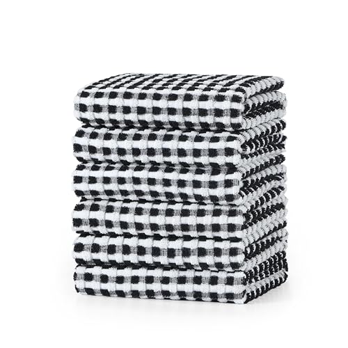 SALAS Cotton Dish Towels Cloths for Kitchen Drying Dishes, Lattice Terry Kitchen Towels, Highly Absorbent Kitchen Cloths with Hanging Loop, 16‘’ x 26‘’, 6 Packs, Black