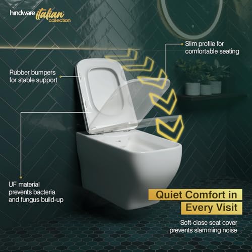 Image of Hindware Italian Collection Mariana Edge Wall Mount EWC for Bathroom | P-215 Trap | Made of Ceramic | 10-year Warranty | Rimless | Concealed Fixation | Duroplast Seat Cover | Water Saving | Soft Close
