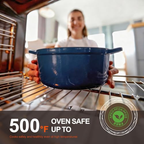 Image of Overmont Enameled Cast Iron Dutch Oven - 5.5QT Pot with Lid Cookbook & Cotton Potholders - Heavy-Duty Cookware for Braising, Stews, Roasting, Bread Baking Midnight Sapphire