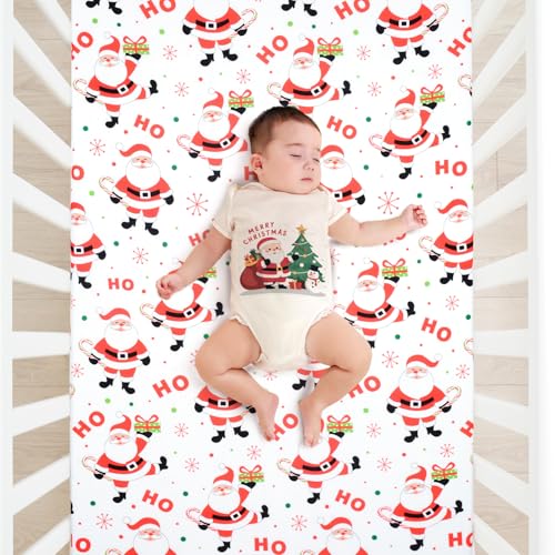 JISEN Christmas Crib Sheet Santa Claus Fitted Crib Sheet for Boys Girls Crib Mattress Cover Baby Sheet for Standard Crib and Toddler Mattress Soft Breathable Baby Bed Sheet for Neutral 52x28 Inch Hoho