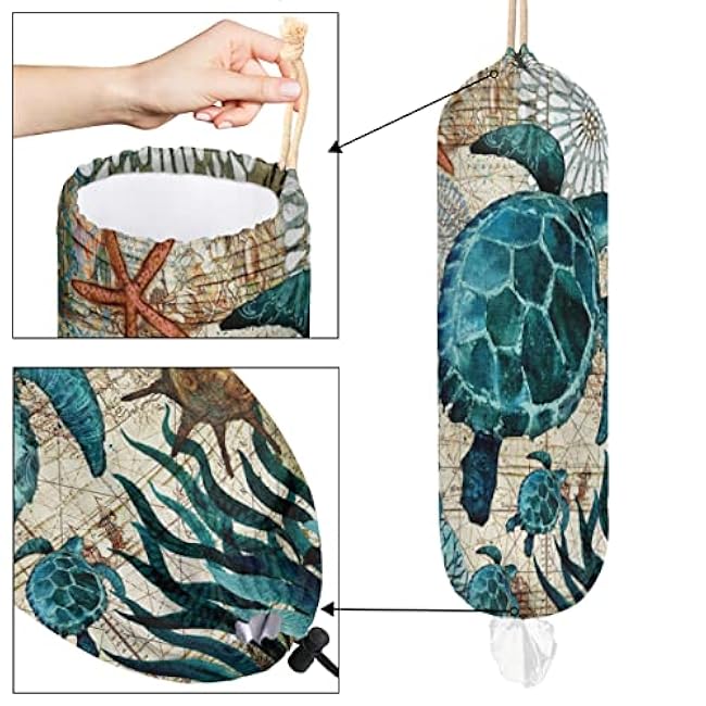 Sea Turtles Plastic Bag Holder Cute Wall Mount Plastic Bag Organizer Reusable Large Grocery Bag Storage Dispenser for Home Kitchen Travelling 22x9