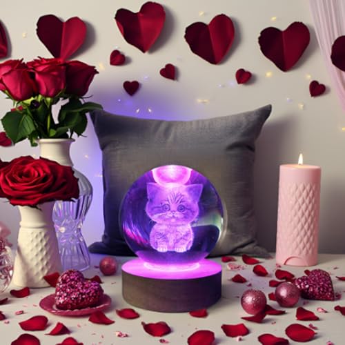 Image of 3D Kitten Crystal Ball 3.15 inch / LED Gradient Color Wooden USB Switch Base /Cat-Themed Couple Gift /Birthday,Christmas Gifts for Women