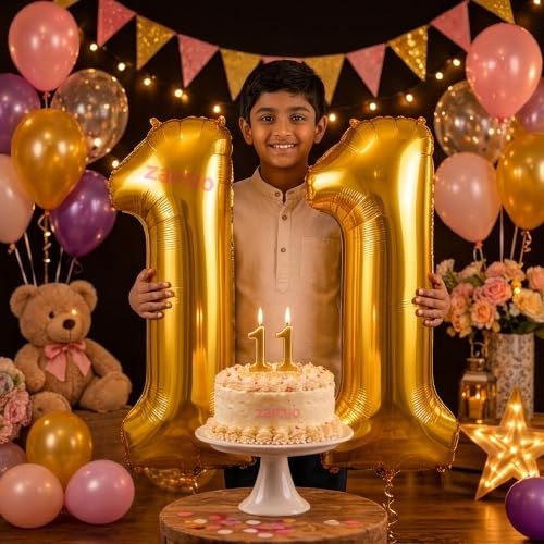 Image of Balloonistics Gold 40-Inch Foil Number 11 Balloon with Matching Number Candle - Combo Set for 11th Birthday Decoration, Anniversary, Party Backdrop, Cake Table Decor