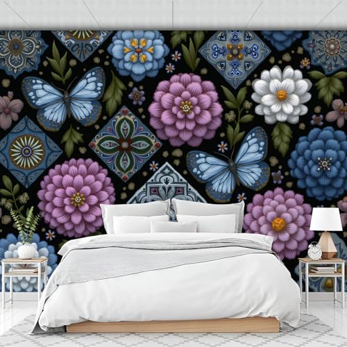 Papier peint panoramique patchwork rétro avec fleurs et papillon bleu - 6