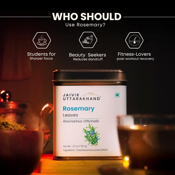 Image of Jaivik Uttarakhand - Rosemary Herbal Tea (170.1 g), Dry risemerry patti, Top Grade leaf, Long Shelf Life, Prepare Rosemary Water for Hair, Pack of 3 Tin Box