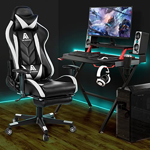 Image of AA Products Gaming Chair High Back Ergonomic Computer Racing Chair Adjustable Office Chair with Footrest, Lumbar Support Swivel Chair - White