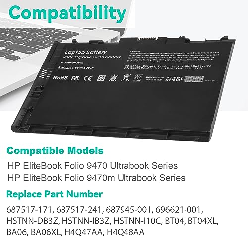 Image of ASUNCELL BT04XL 14.8V 52WH Notebook Battery for HP EliteBook Folio 9470 9470M 9480m Ultrabook BT04 BA06 HSTNN-IB3Z HSTNN-I10C 687945-001 H4Q47AA 687517-241 HSTNN-DB3Z 687517-171 BA06XL H4Q48AA
