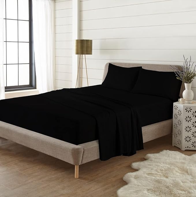 Bella Nights Flannelette Fitted Sheet – 100% Brushed Cotton Extra Deep Pocket 16" (40cm) Soft & Warm Breathable & Cozy Flannelette Bed Sheet (Black, Single)